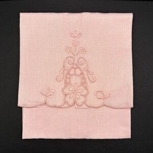 Vintage Pink Embroidered Linen Leacock Portugal Cutwork‎ Towel Dresser Scarf